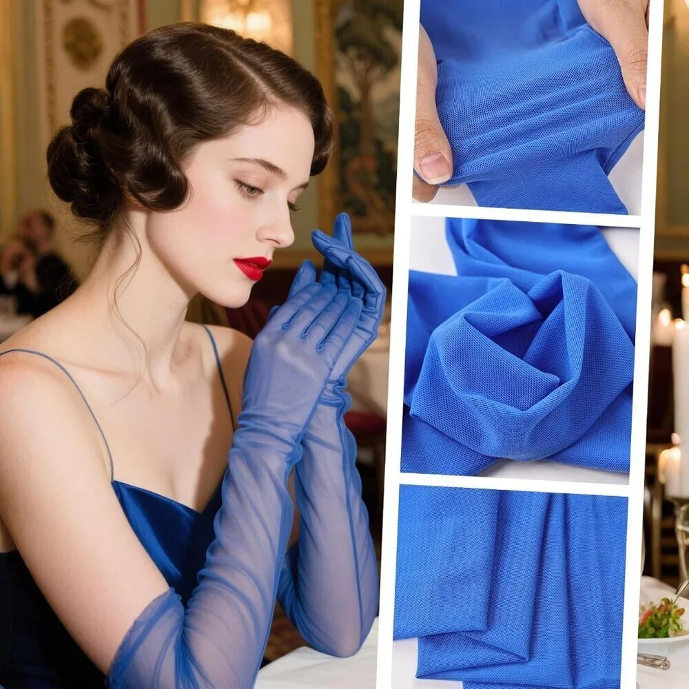 Women's Tulle Dark Blue Long Satin Gloves Evening Elbow Length Party Costumes